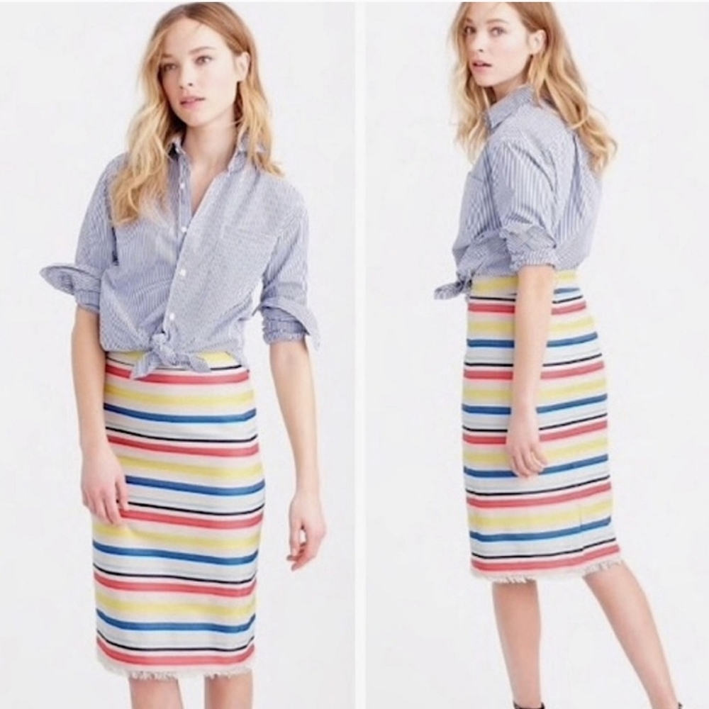 NWT J.CREW The Pencil Skirt Colorful Jacquard Striped Fringe Hem E8728 Size 12P.